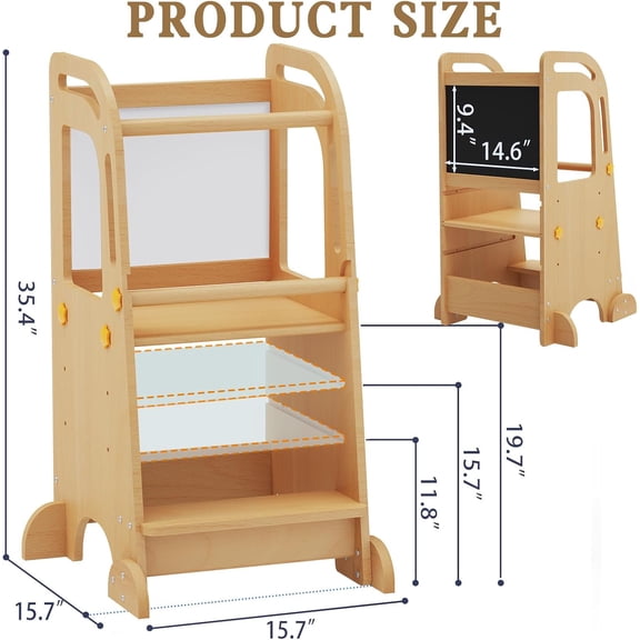 Toddler Tower with Chalkboard, Toddler Kitchen Stool Helper with Support Feet, Wooden Kids Kitchen Step Stool, Step Stool for Toddlers with Anti-Slip Protection Design (Natural)