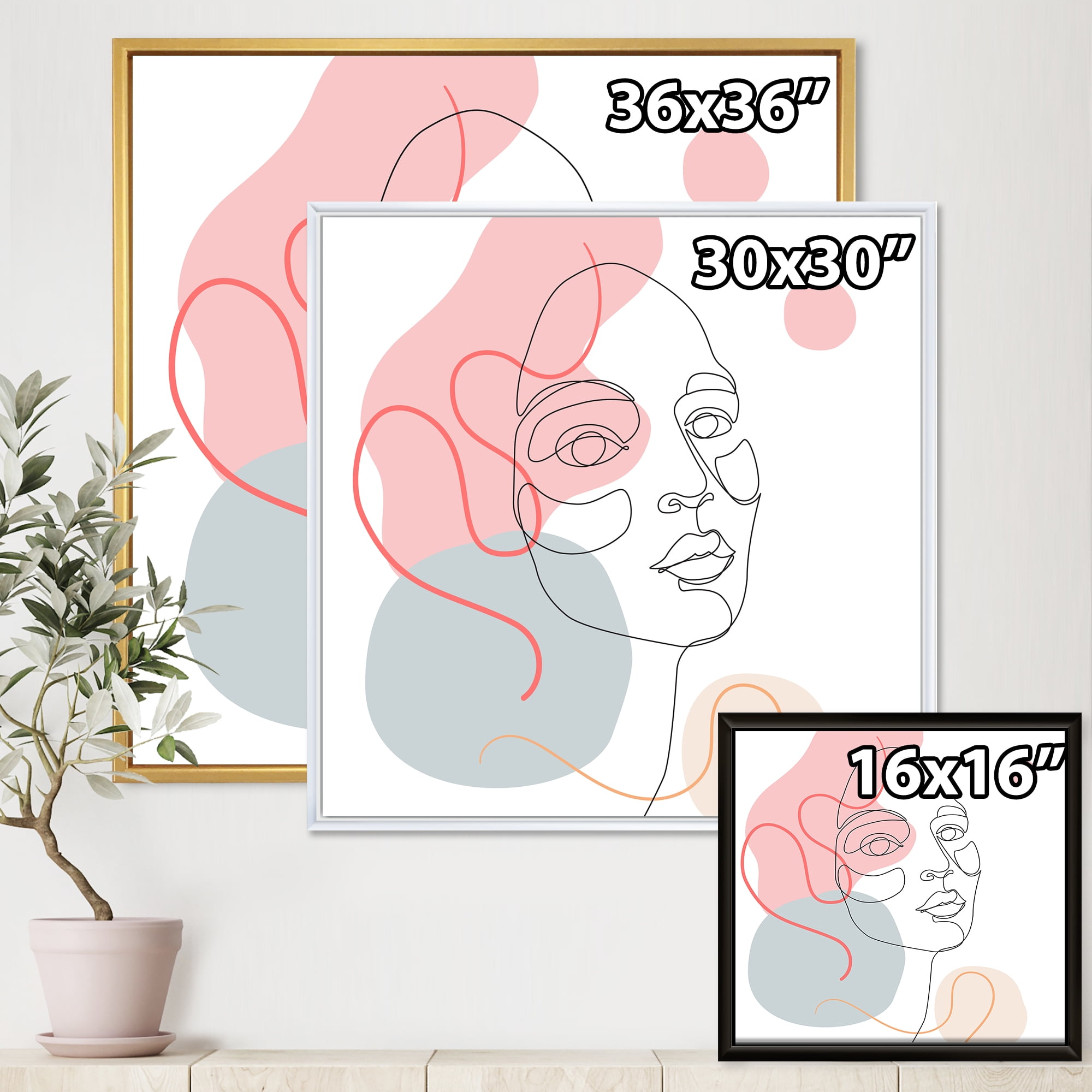 Designart 'One Line Drawing of Young Girl In Pastel Tones' Modern Framed Canvas Wall Art Print