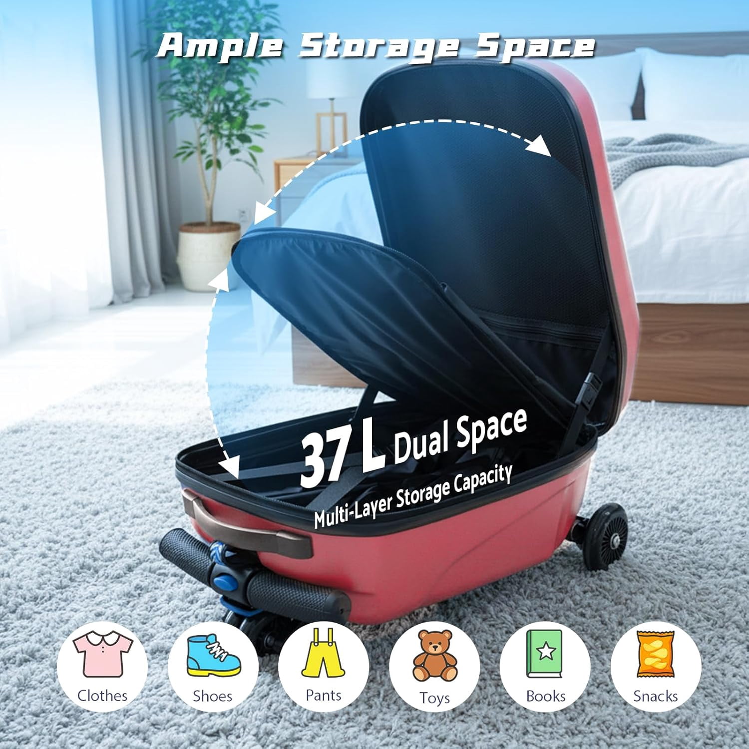 20" Hardshell Scooter Suitcase for Kid & Adult Foldable 2 in 1 Ride on Carry on Travel Trolley Scooter Luggage With Wheels Pink