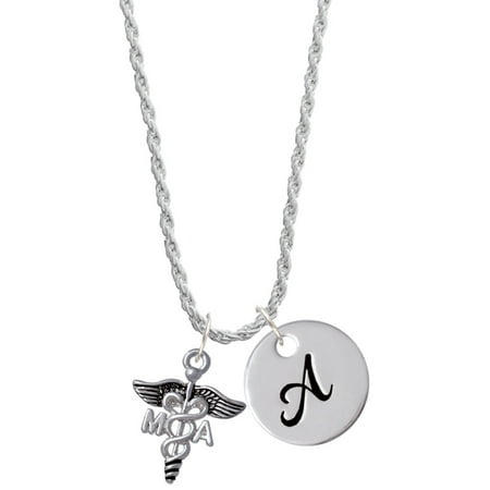Delight Jewelry Silvertone Caduceus - MA Silvertone Script Initial Disc - A - Charm Necklace, 20"+3"
