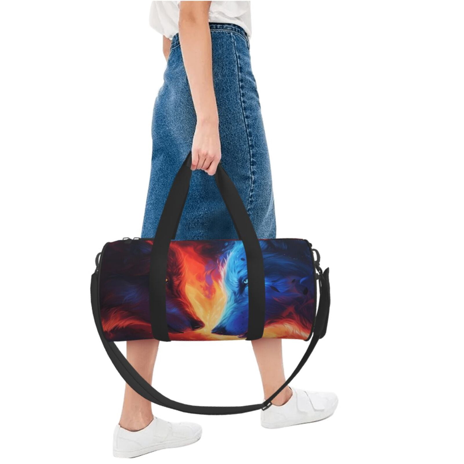 Horeoi Wolf Print Foldable Travel Duffle Bag with Removable Strap - Water-Resistant Gym Vacation Luggage Multi-Pocket Design