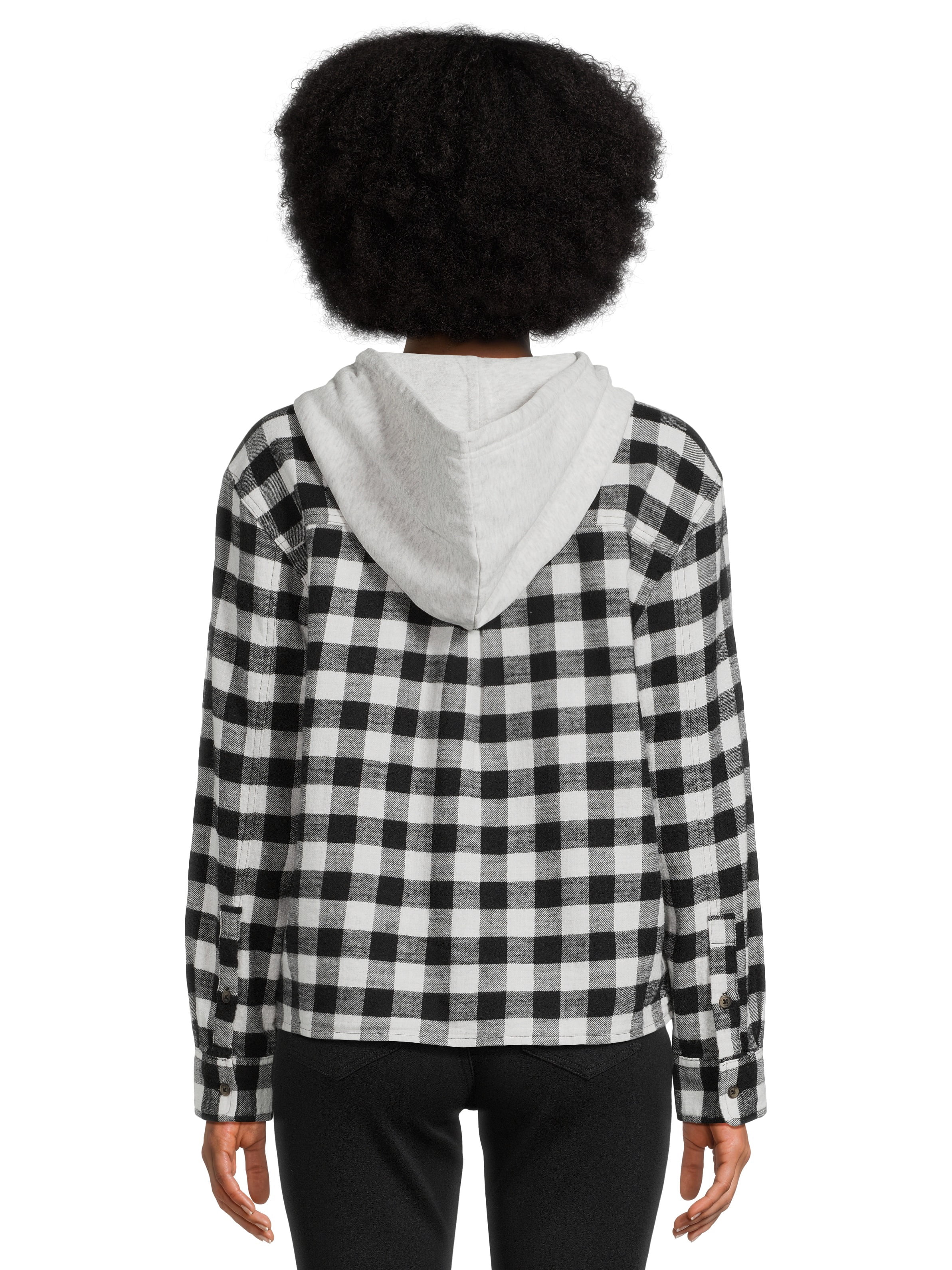Time and Tru Women's Hooded Crop Flannel Shirt, Sizes XS-XXXL