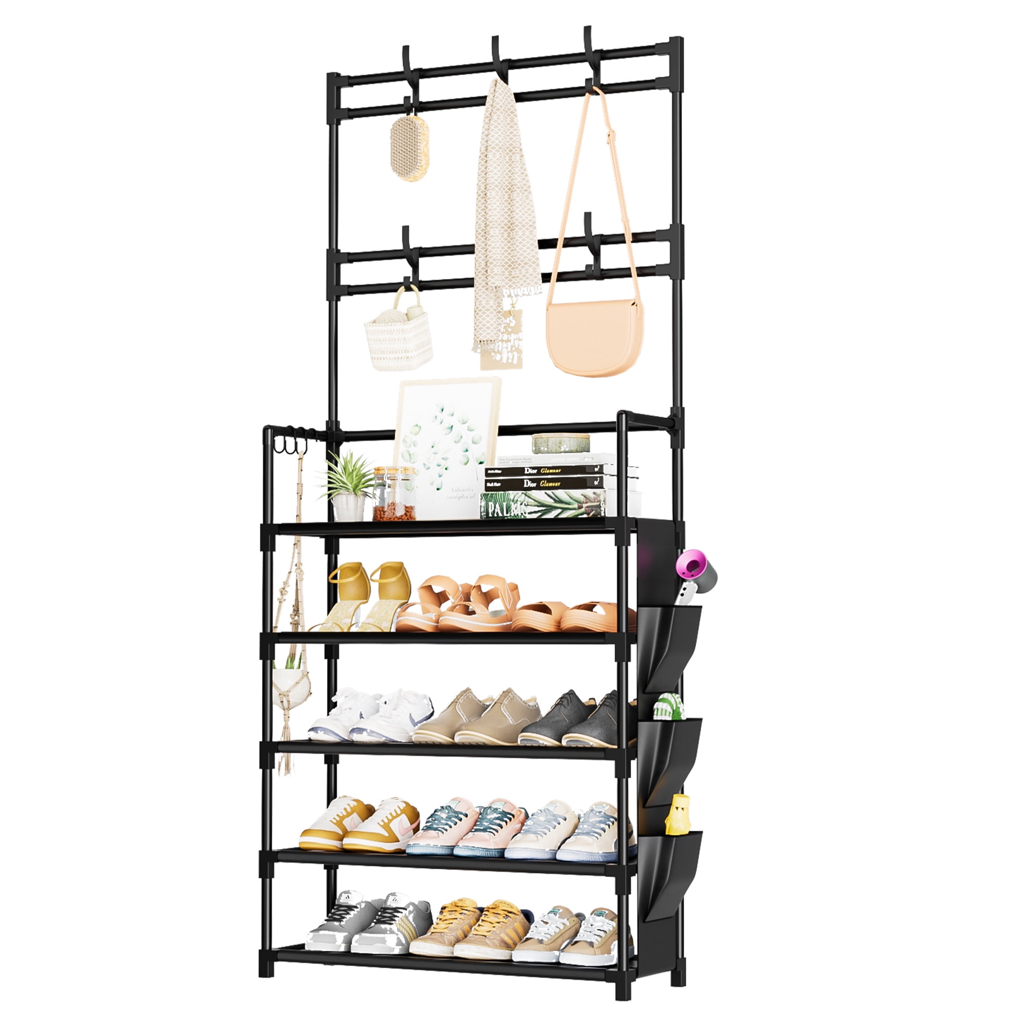 5 Tier Shoe Rack with Hooks and Side Pocket Storage 15-20 Pairs Shoe Rack for Closet Entrance Shoe Rack Organizer Entryway Shoe Holder Space Saving Free Standing Shoe Racks