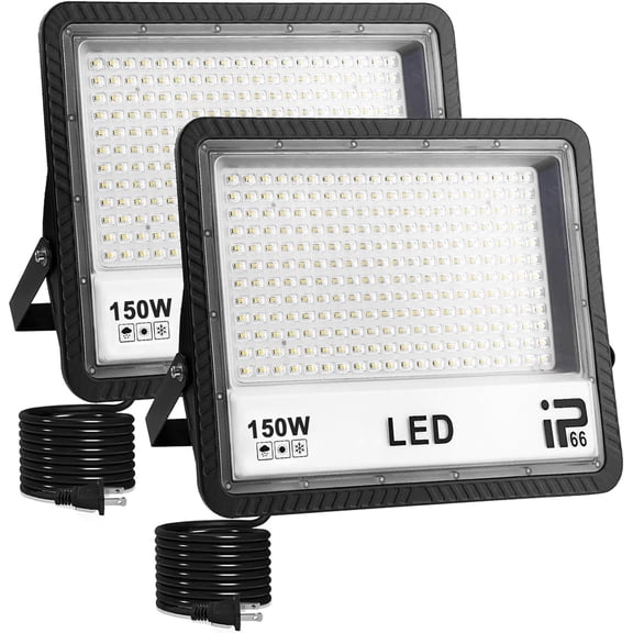 LED Flood Lights Outdoor, 2 Pack 150W 15000LM Bright Floodlight Outside Work Light with Plug, IP66 Waterproof 6500K Outdoor LED Flood Light for Garage, Yard, Lawn, Garden