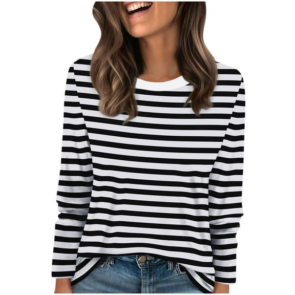 Womens Plus Size Fall Clothes, Long Sleeve Shirts for Women Fashion Loose Fit Striped Printed Crewneck T-Shirts