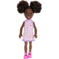 thumbnail image 1 of Barbie Chelsea Doll, Small Doll Wearing Removable Purple Floral Dress & Pink Shoes with Space Buns & Brown Eyes, 1 of 5