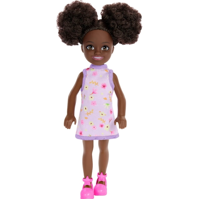 Barbie Chelsea Doll, Small Doll Wearing Removable Purple Floral Dress & Pink Shoes with Space Buns & Brown Eyes