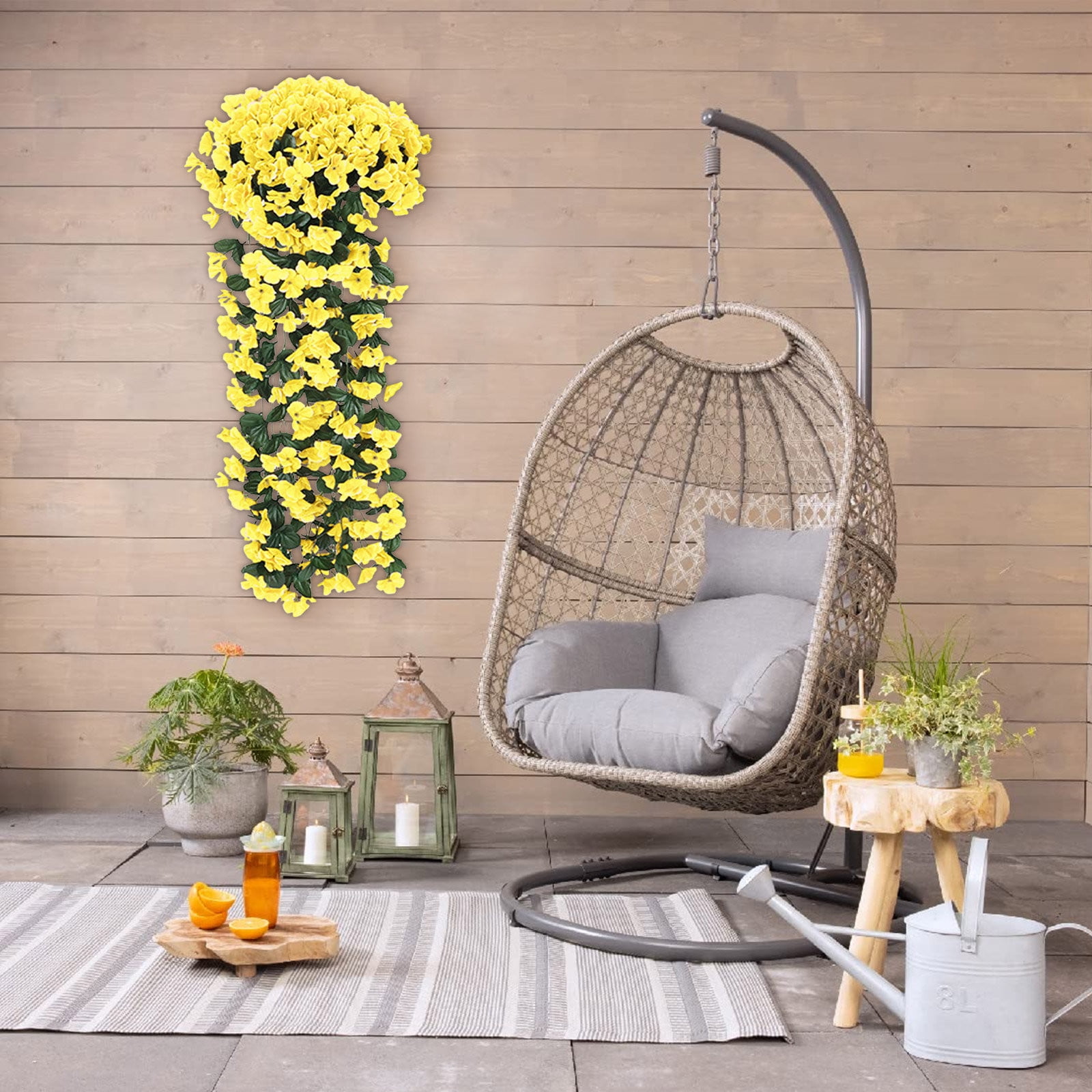 3pcs Artificial Hanging Flowers Outdoor Faux Plants Spring Decor Fake Mums Violets with Eucalyptus Realistic UV Resistant Trailing Vines Porch Yard Indoor Five-petal