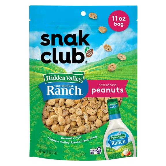 Snak Club Peanuts with MFF30 Hidden Valley Ranch Seasoning, Roasted Nuts, Gluten-Free and Kosher Snack, 11 oz Resealable Bag