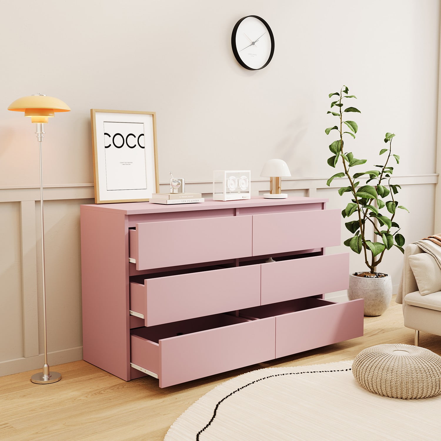 Resenkos Modern Mid Century 6 Drawer Wide Dressers Chests for Bedroom, Chest of Drawer Organizer Pink