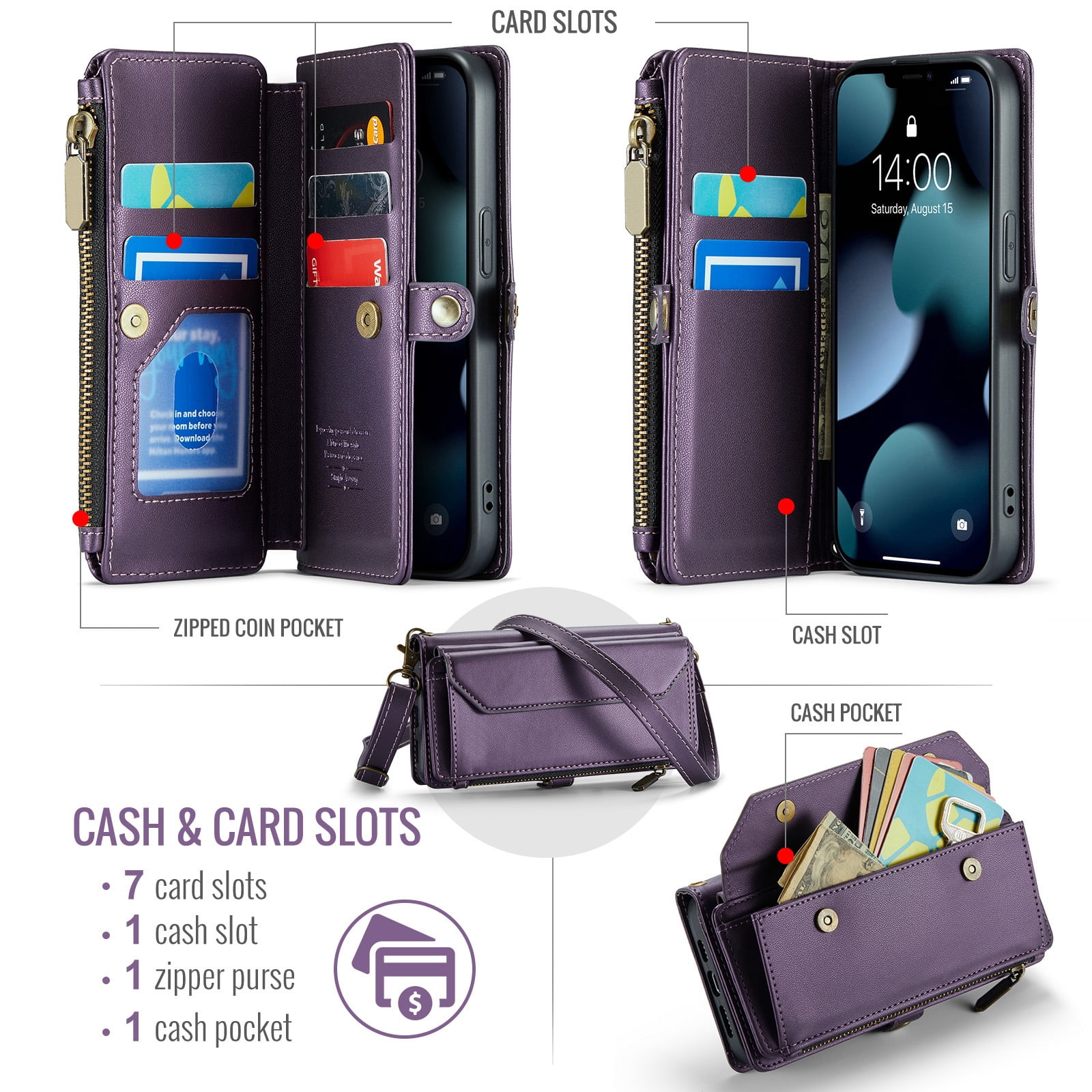 Asuwish Compatible with iPhone 15 Pro 6.1 inch Zipper Wallet Phone Case Tempered Glass Screen Protector Crossbody Lanyard Strap Flip Card Holder Slot Cell Cover for i Phone15 i15 15Pro Women Purple