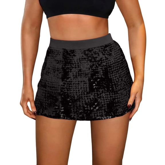 oqasdz Sequin Mini Skirt Elastic Waist Party Clubwear Solid Color Sparkly Bodycon Skirt Fashion Casual Outfit Outdoor Streetwear