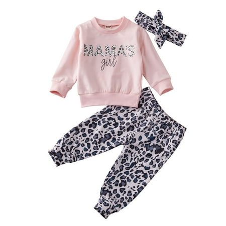 

TheFound Mama s Girl Newborn Baby Girl Long Sleeve Pullover Sweatshirt Tops Leopard Pants and Headband 3Pcs Outfits