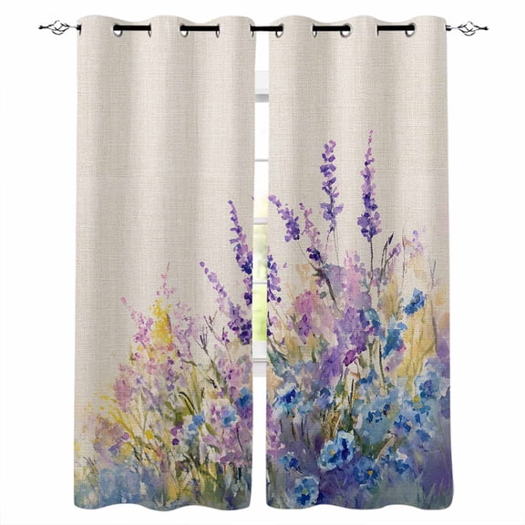 Spring Lavender Blackout Curtains for Bedroom/Living Room, Thermal Insulated Kitchen Curtains, Botanical Blossom Motif Garden Floral Grommet Darkening Window Treatment Drapes 52"x84"x2