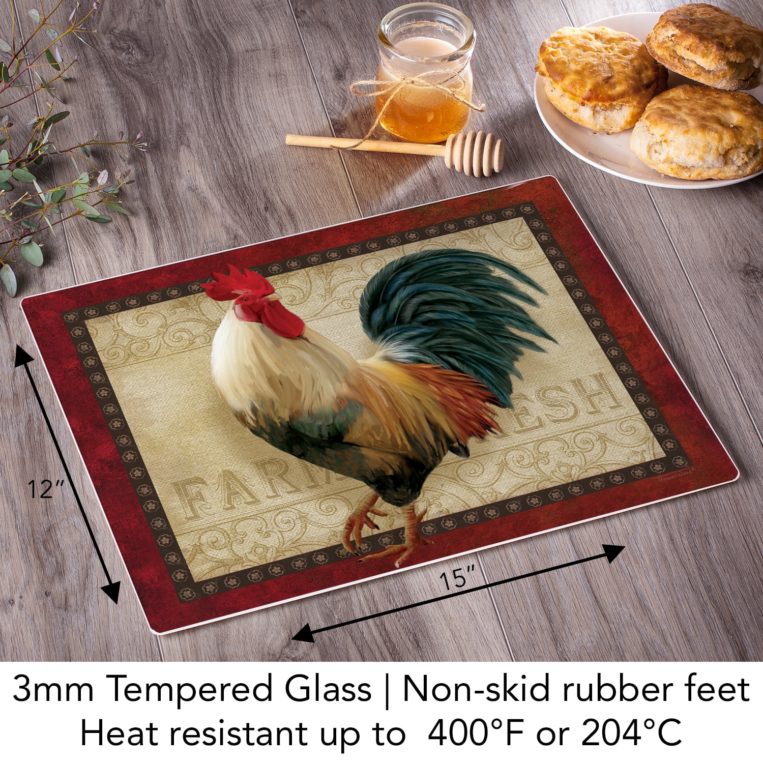 Details about   'FARM FRESH ROOSTER' Glass Cutting Board 15 x 12