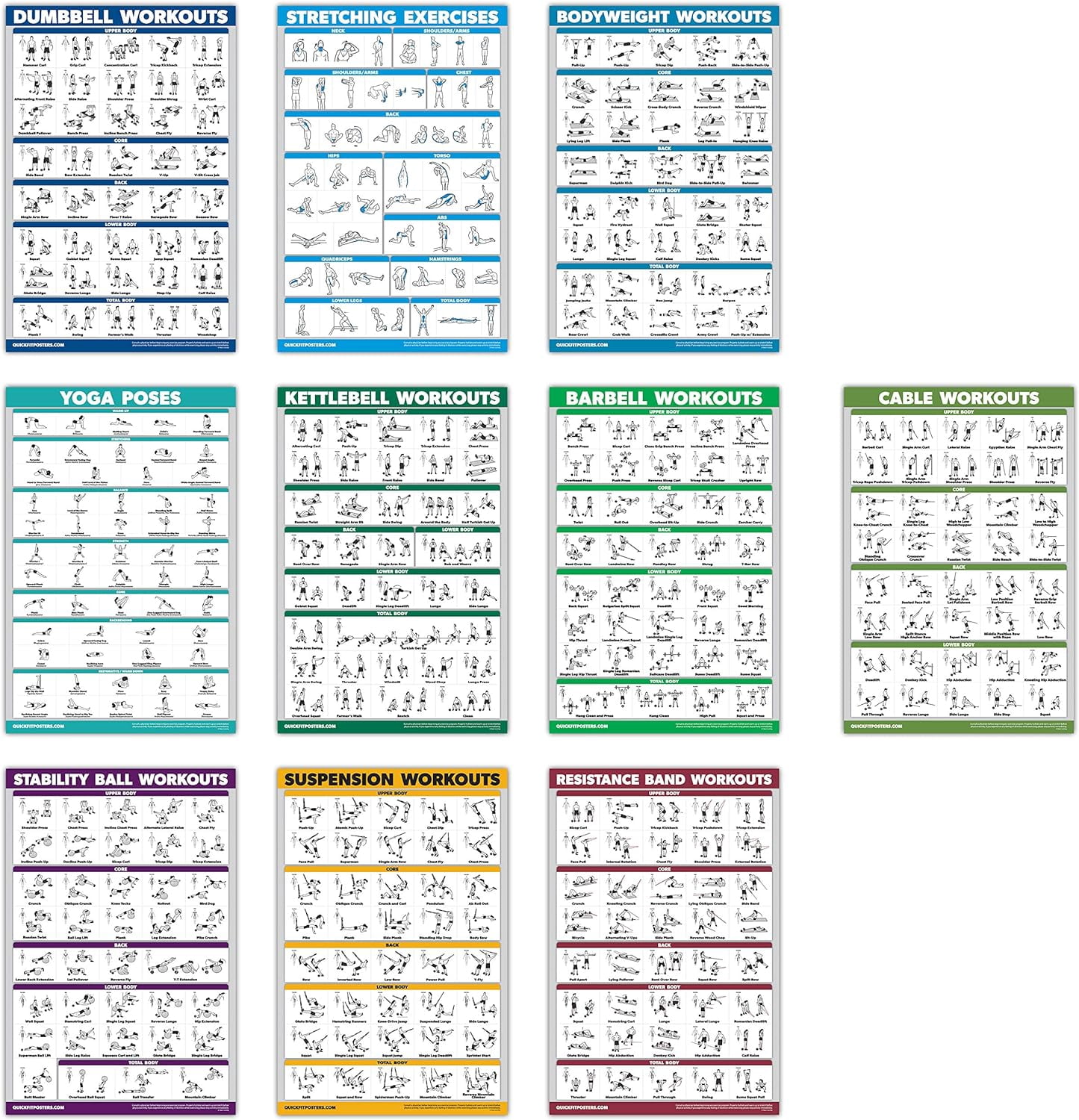 10 Pack - Exercise Workout Poster Set - Cable Machine, Dumbbell, Suspension, Kettlebell, Resistance Bands, Stretching, Bodyweight, Barbell, Yoga Poses, Exercise Ball (LAMINATED, 18" x 24")
