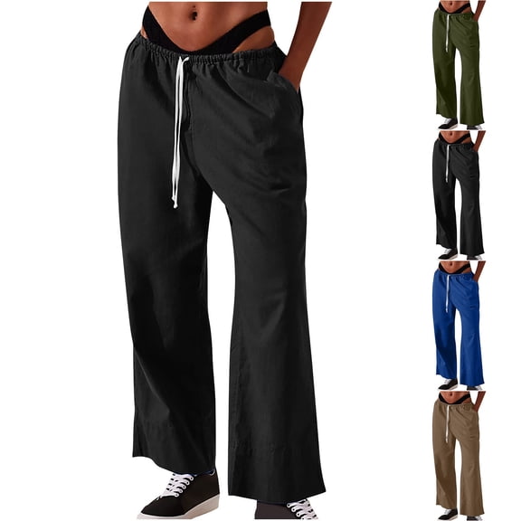 Up to 65% off! Cotton and Linen Casual Pants for Womens Plus Size Solid Color Drawstring Loose Casual Wide Leg Pants