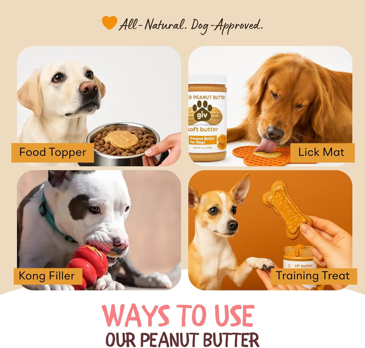 giv All Natural Peanut Butter for Dogs, 4oz Pouch, Pack of 9, Training Treat