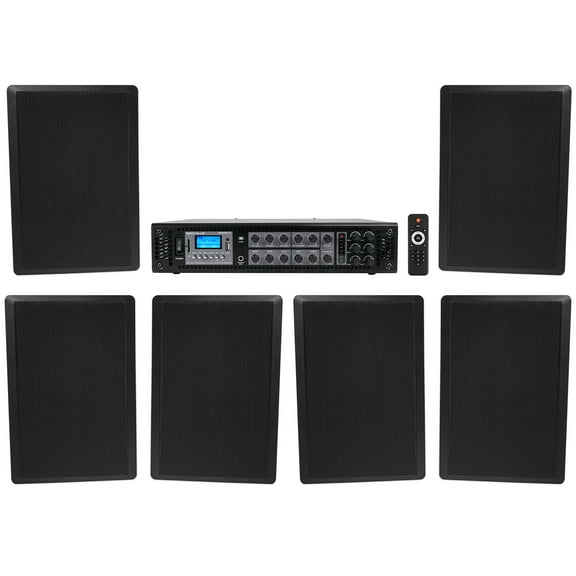 Rockville 6-Zone 70v Amplifier (6) Slim Black Restaurant/Bar/Cafe Wall Speakers