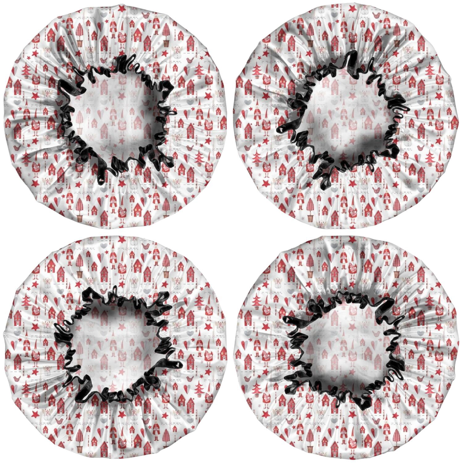 Shower Caps,Red Christmas House and Tree Pattern Waterproof Shower Cap for Women 4 Pieces,Double Reusable Hair Cover for Shower PEVA Elastic Stretch Hem