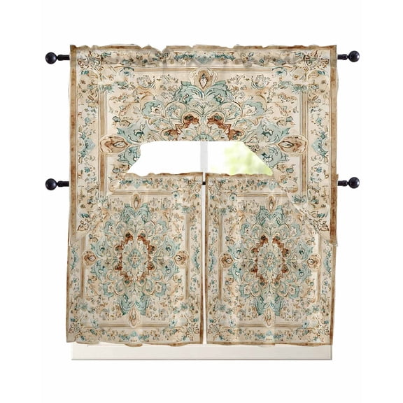 Sage Green Orange Floral Swag Curtains for Living Room/Bedroom Windows, Boho Vintage Botanical Ethnic Kitchen Curtains and Valances Set 36 Inch Length, Light Filtering Swags Valance Curtain Panels