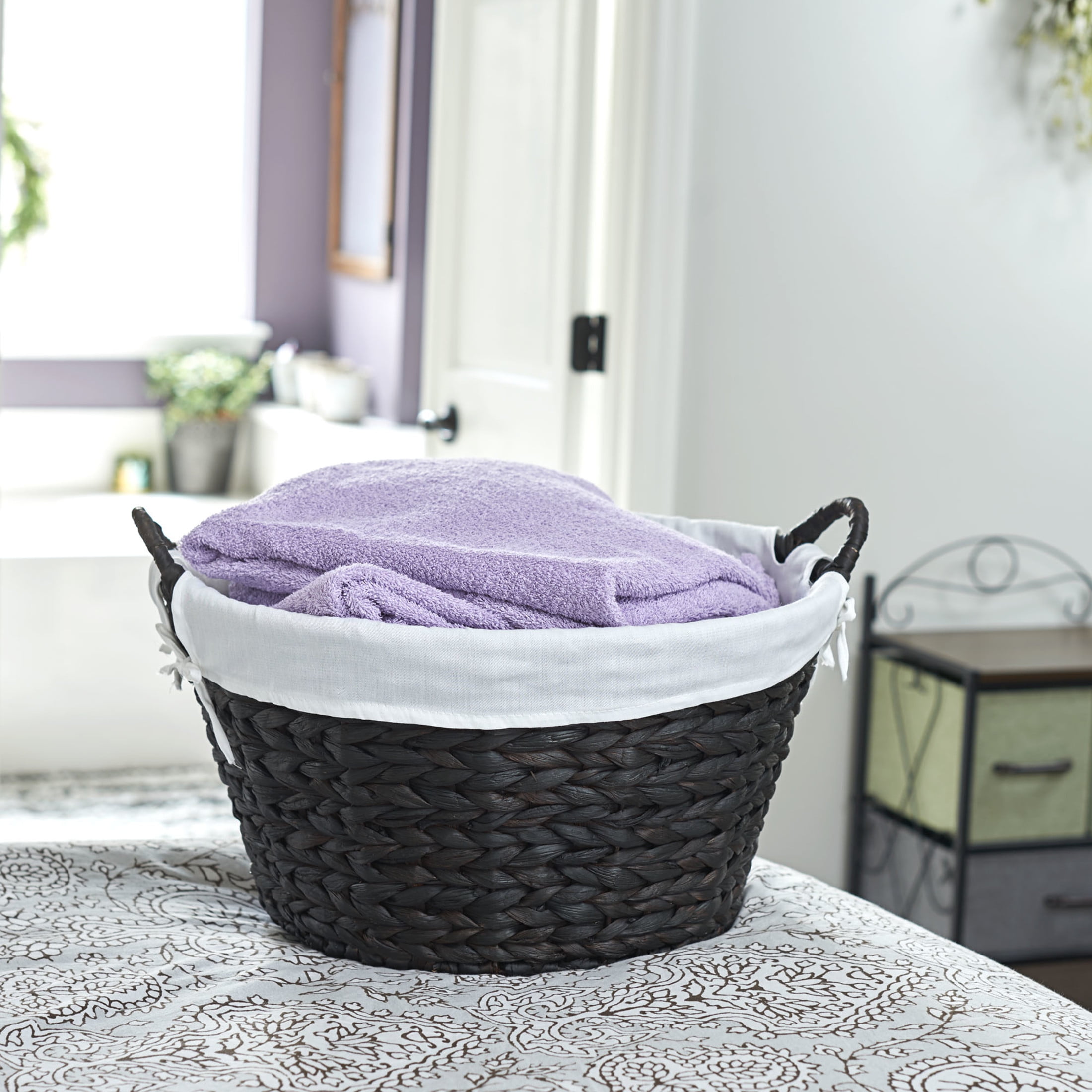 Household Essentials Round Wicker Laundry Basket with Handles, Whimsical Water Hyacinth Basket, Supportive Metal Frame, Removable Polyester Liner, Handwoven, Well-Structured and Versatile, Brown