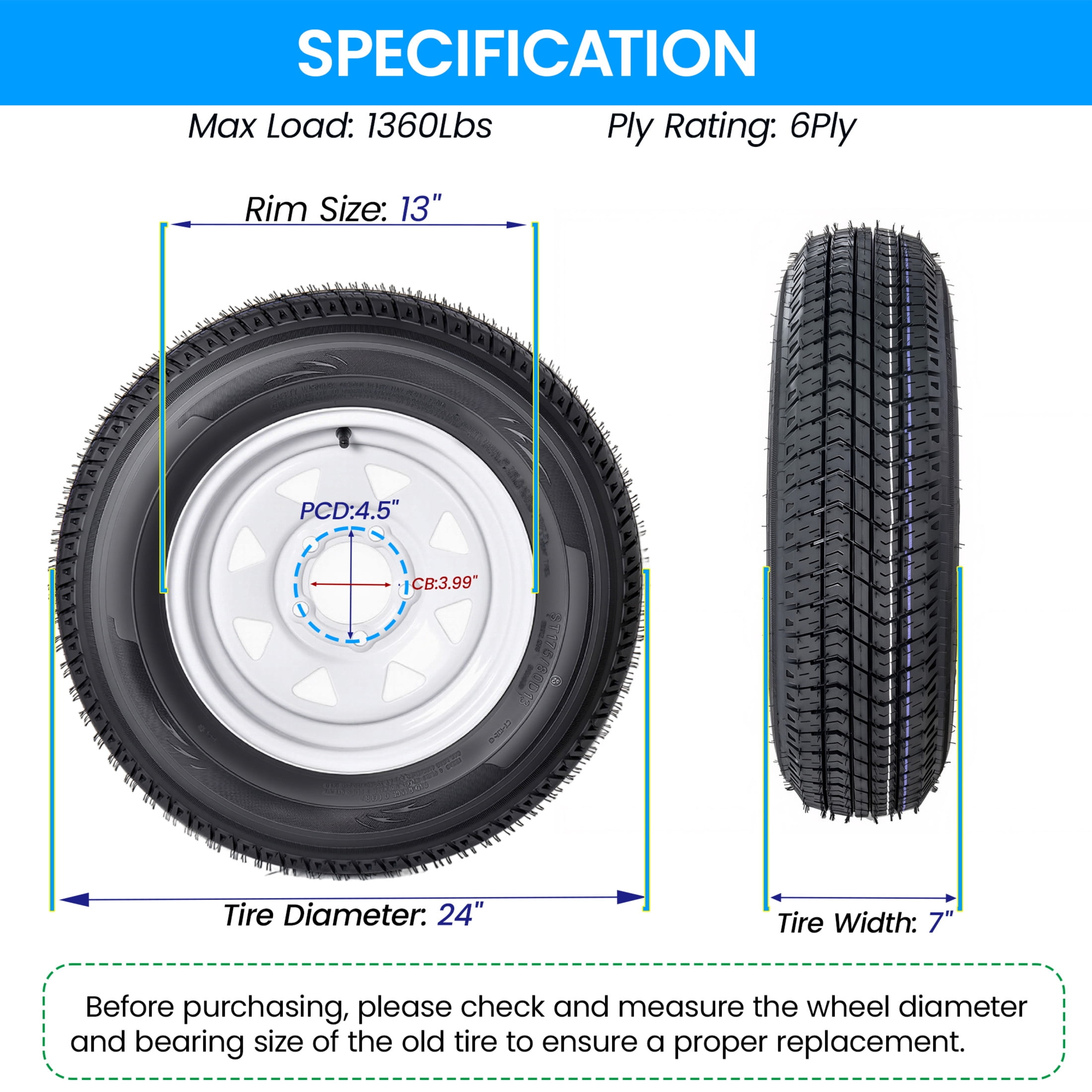 Noble House 24" x 7" Trailer Tires and Wheel, 6-Ply Heavy Duty for Boat, Utility, or Lawn Trailer, Black, Set of 2
