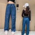 thumbnail image 5 of KAUOD Girls Baggy Cargo Jeans Wide Leg Denim Pants Kids Elastic Waist Loose Fit Trousers Multi Pockets Streetwear Clothes, 5 of 7