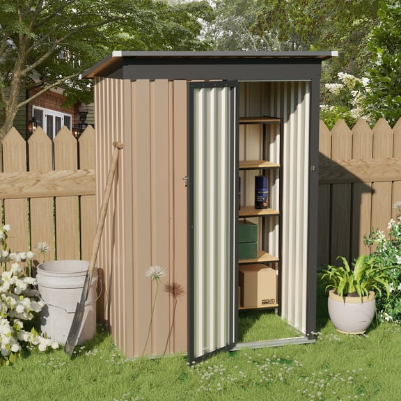 4.2x2.4FT Metal Garden Shed Pent Roof w/ Hinge Door,Anti-Corrosion Storage House