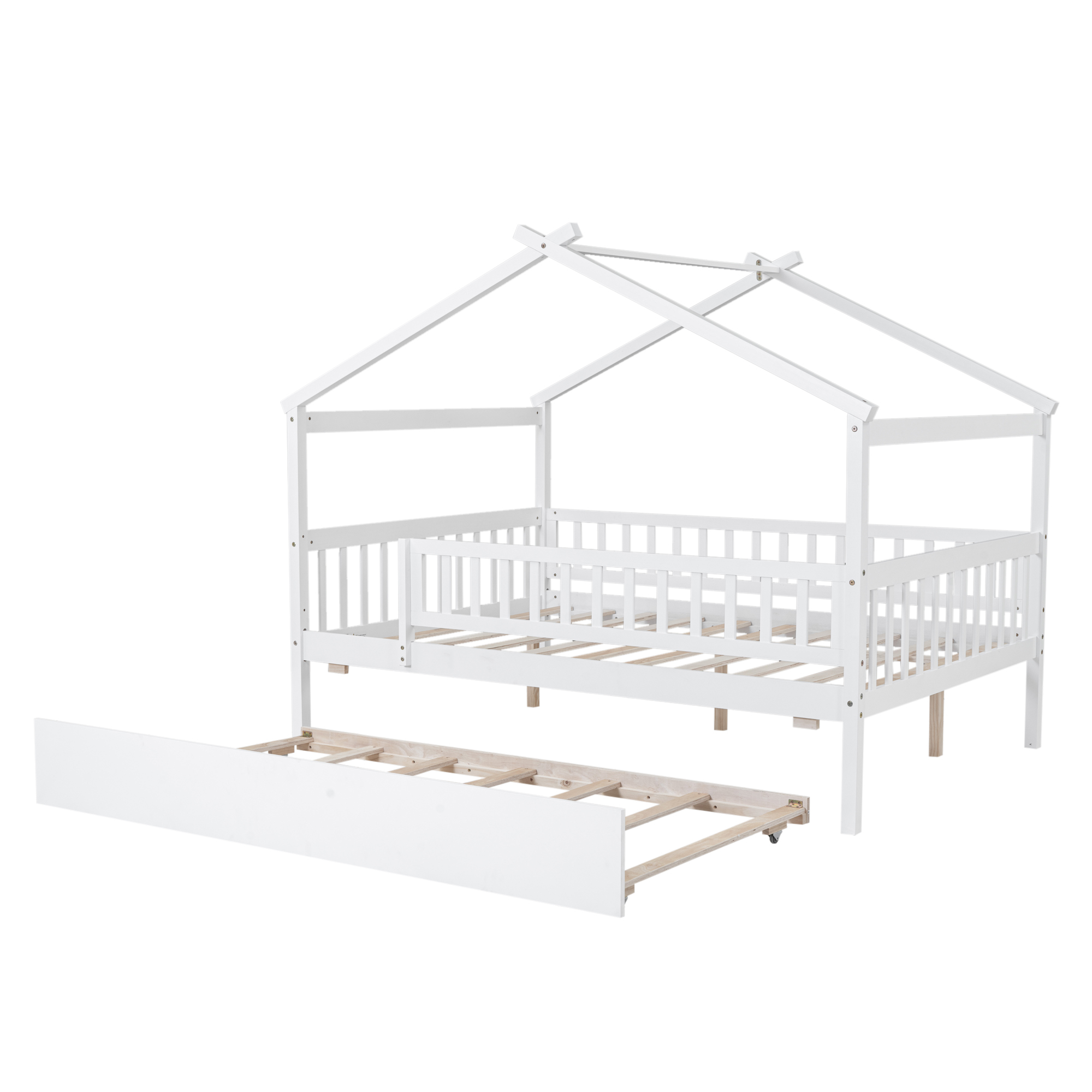 Euroco Full Size House Bed with Trundle, Canopy Low Profile Bed for Kids, White
