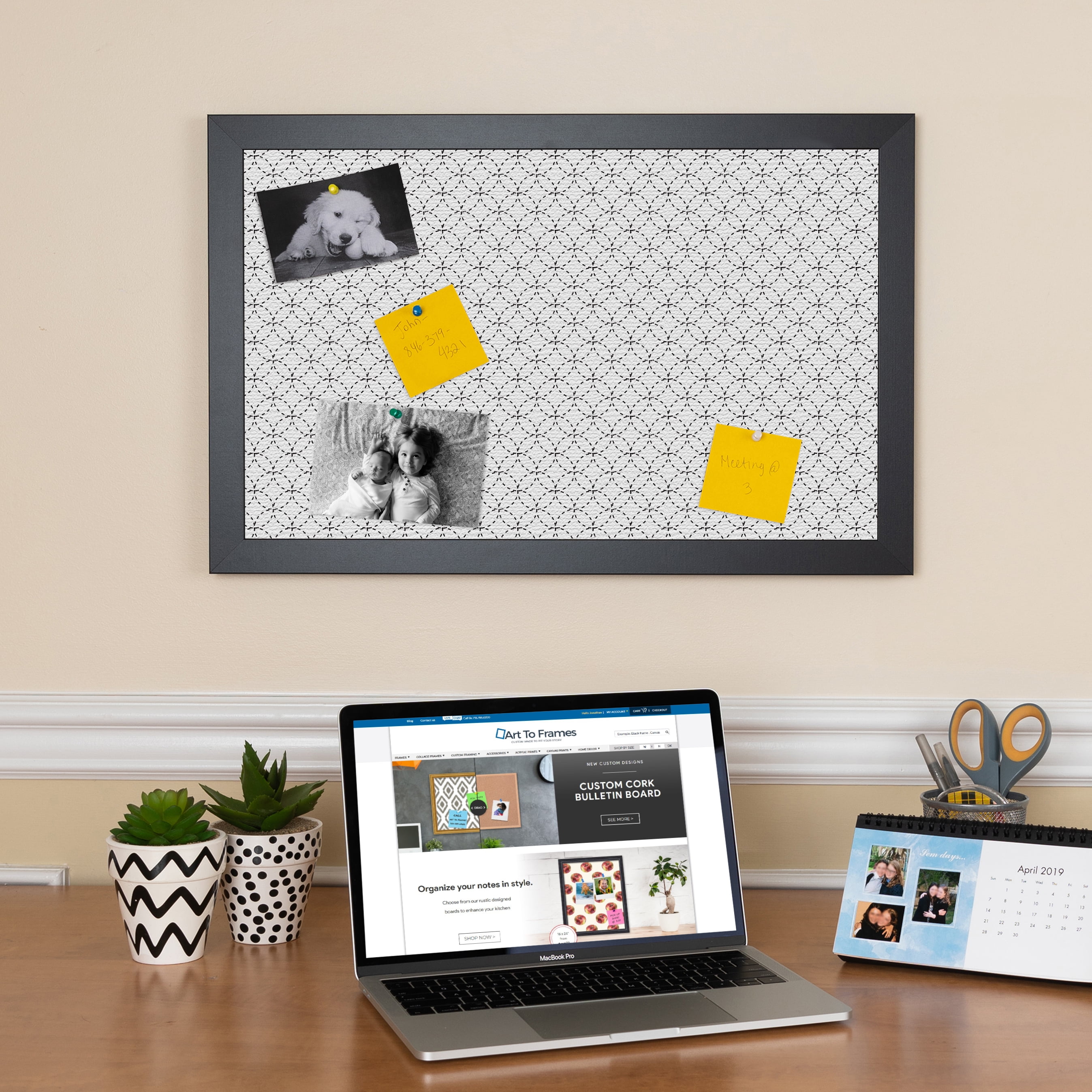PinPix 40x28 Custom Cork Bulletin Board B W Circles Poster Board Has a Fabric Style Canvas Finish, Framed in B W Circles, by ArtToFrames (PinPix-117)