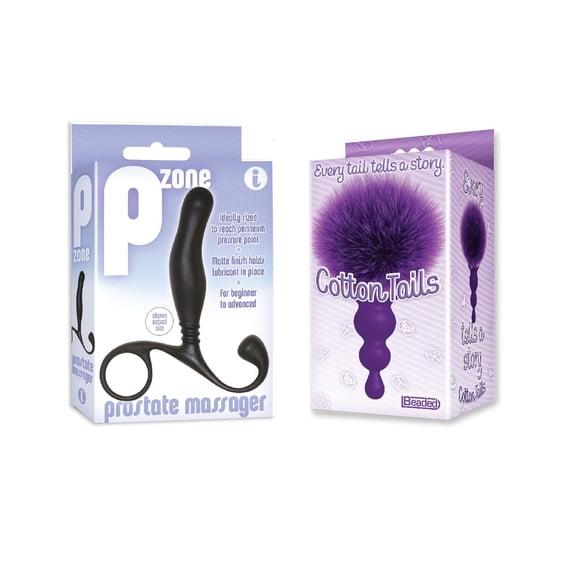 Sex toy Gift Set bundle of P Zone Prostate Massager And Icon Brands Cottontails, Silicone Bunny Tail Butt Plug, Beaded, Purple