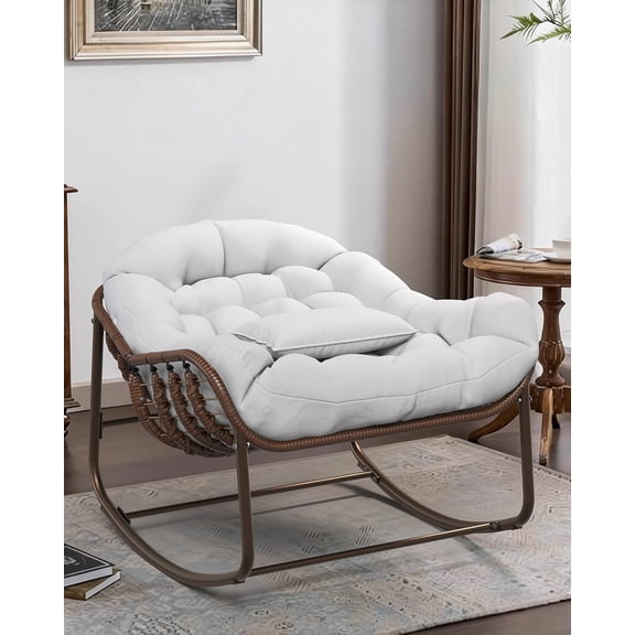 PYY Oversized Papasan Rocking Chair for Patio – Wicker Egg Lounge Chair with Water-Resistant Cushion, Heavy-Duty Metal Frame, Comfy for Garden, Porch, Balcony, Living Room – 450lbs Capacity, White