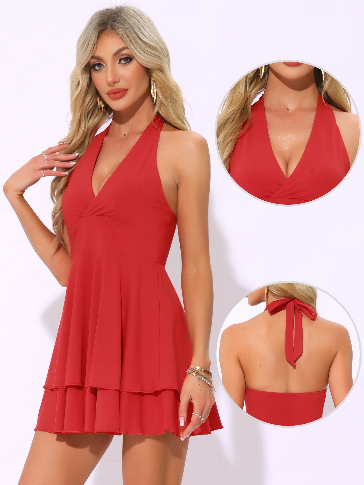 DARING DIVA Skater Ruffle Backless Slim Fit Short Mini Dress L Red