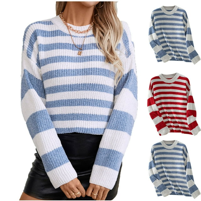 LOVZFMLL Chandails pour Femmes, Chandail à Col Rond en Acrylique Côtelé à Rayures Décontracté Basique Ample à Manches Longues Hauts Chauds Vêtements d'Automne Hiver