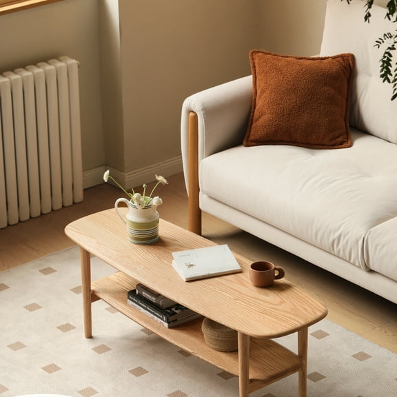 47" Farmhouse Coffee Table with 2 Open Shelves, Solid Wood Center Table with Rounded Corners, Rectangle Tea Table for Small Spaces, Living Room, Oak