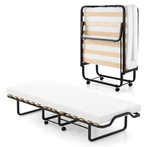 Gymax Lit Pliant avec Matelas, Lit d'Appoint à Roulettes pour Adulte, Lit Pliant Gain de Place pour Rangement Facile