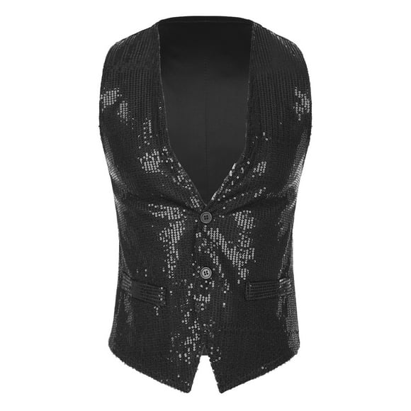 Vxuxlje Gilet de Costume pour Homme à Col en V Mode Formel Ajusté Gilet de Tenue d'Affaires Hipster Métallisé à Paillettes Simple Boutonnage Gilet de Smoking Noir 160/L