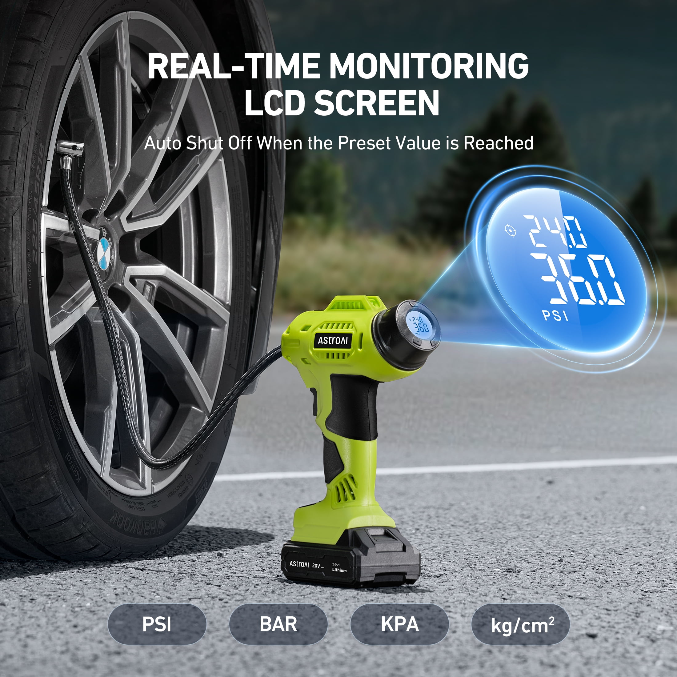 AstroAI Cordless Tire Inflator Portable Air Compressor Electric Pump, 160PSI Handheld Air Pump with 20V Rechargeable Battery Auto Shutoff, Digital Pressure Gauge for Cars Tires, for Gift, Green
