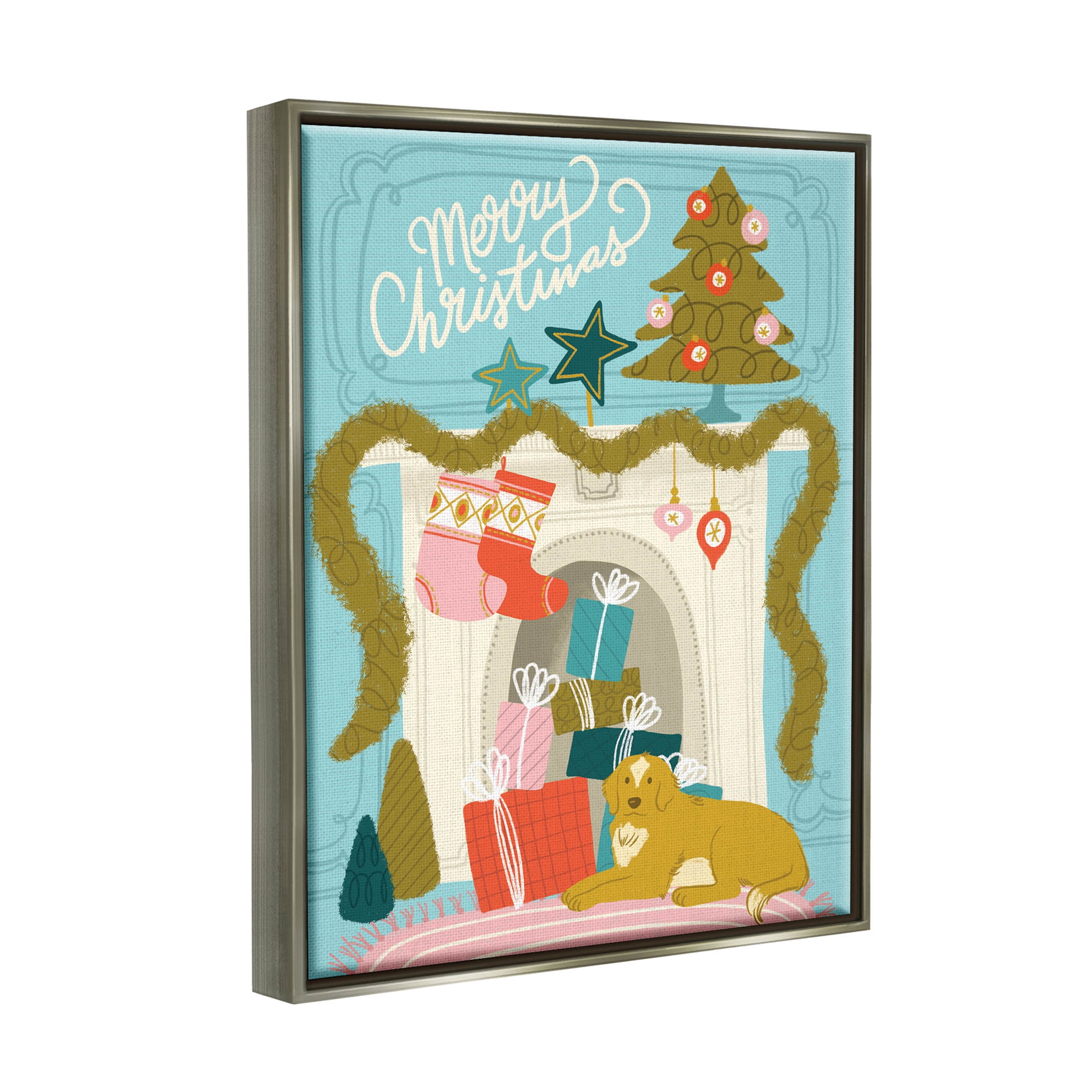 Stupell Industries Whimsical Fireplace Merry Christmas Graphic Art Luster Gray Floating Framed Canvas Print Wall Art, Design by Kristina Hultkrantz