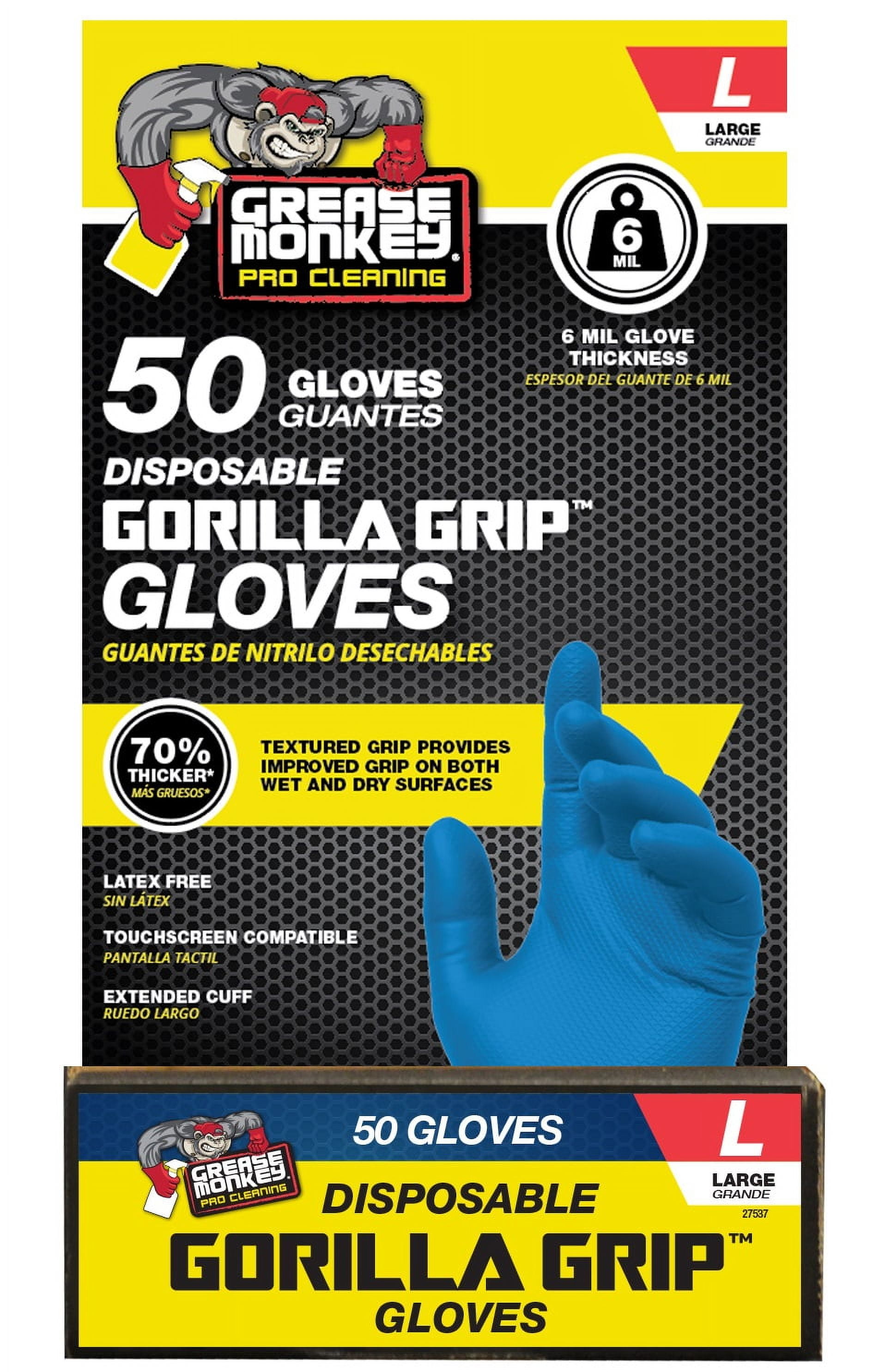 (4 pack) Grease Monkey Pro Cleaning, Disposable Nitrile Gloves, Blue, 50 Count Traction Grip, Male, Large