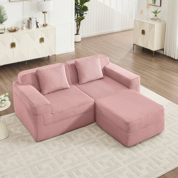 Plush Pink Corduroy Modular 2-Seat Sectional Sofa Couch with Ottoman, Boneless Cloud Design, Deep Seat, No Assembly Needed, Cozy Living Room Furniture