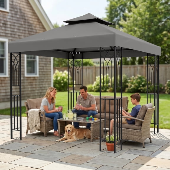COOS BAY 8x8 Outdoor Patio Gazebo with Corner Shelves, Two-Tier Soft Top Canopy for Backyard, Lawn, Deck and Garden, Gray