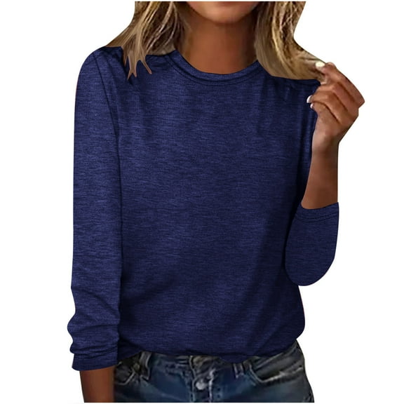 Women Fashion Round Neck Long Sleeve Tops Solid Casual Loose Basic T Shirt Classic-Fit Trendy Tunics Top