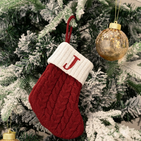 Zhuge 2Pcs Christmas Stockings with Initials, 7.1 Inches Small Embroidered Letter Knit Red White Christmas Stocking, Holiday and Family Stocking for Fireplace Christmas Holiday Party Decoration，J