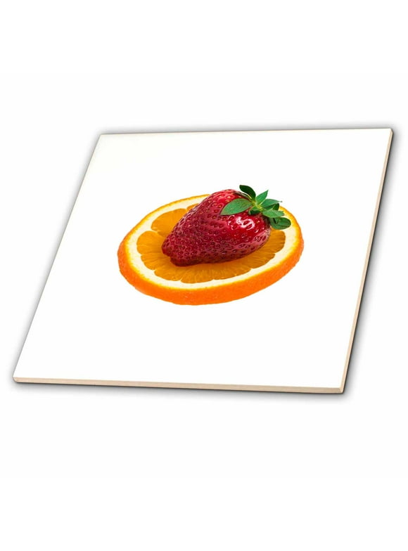 3dRose Red strawberry on a slice of an orange. White background - Ceramic Tile, 8-inch
