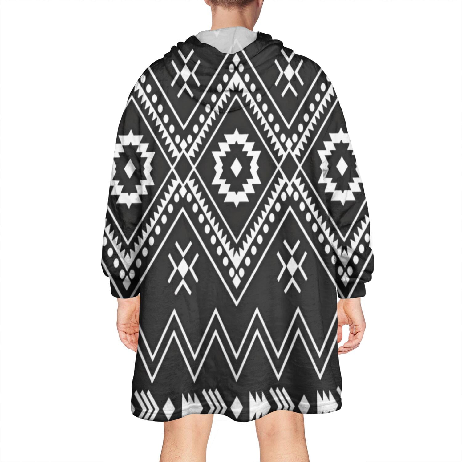 Wearable Oversized Blanket,Black Geometric Striped Pattern Wearable Blanket Hoodie for Adults,Cozy Hooded Blankets with Super Pockets,Super Warm Fuzzy Pullover for Women & Men