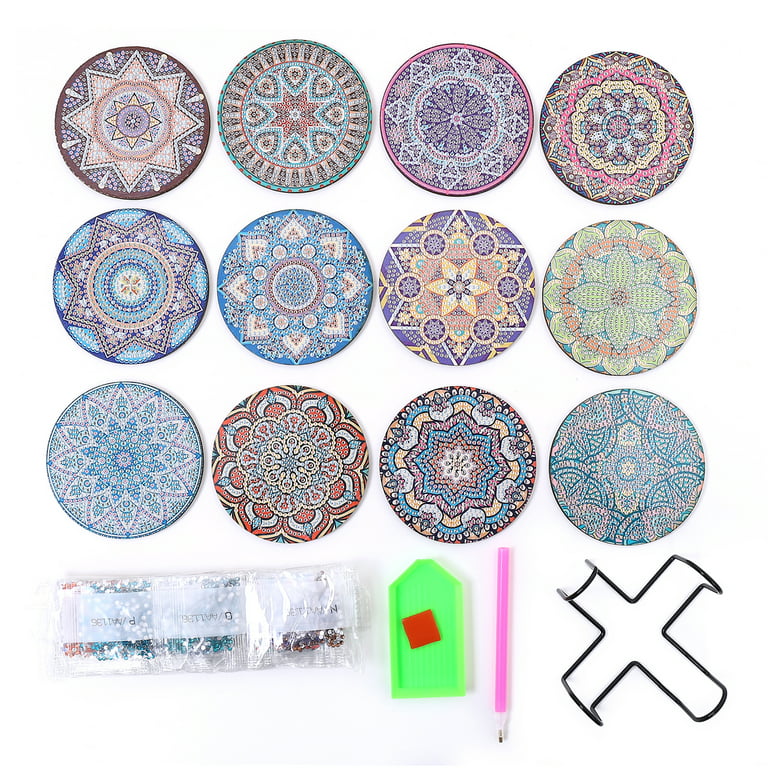 12 Pcs Diamond Art Coasters with Holder DIY Mandala Pattern Strong Adhesion  Diamond Painting Kits for Crafts 