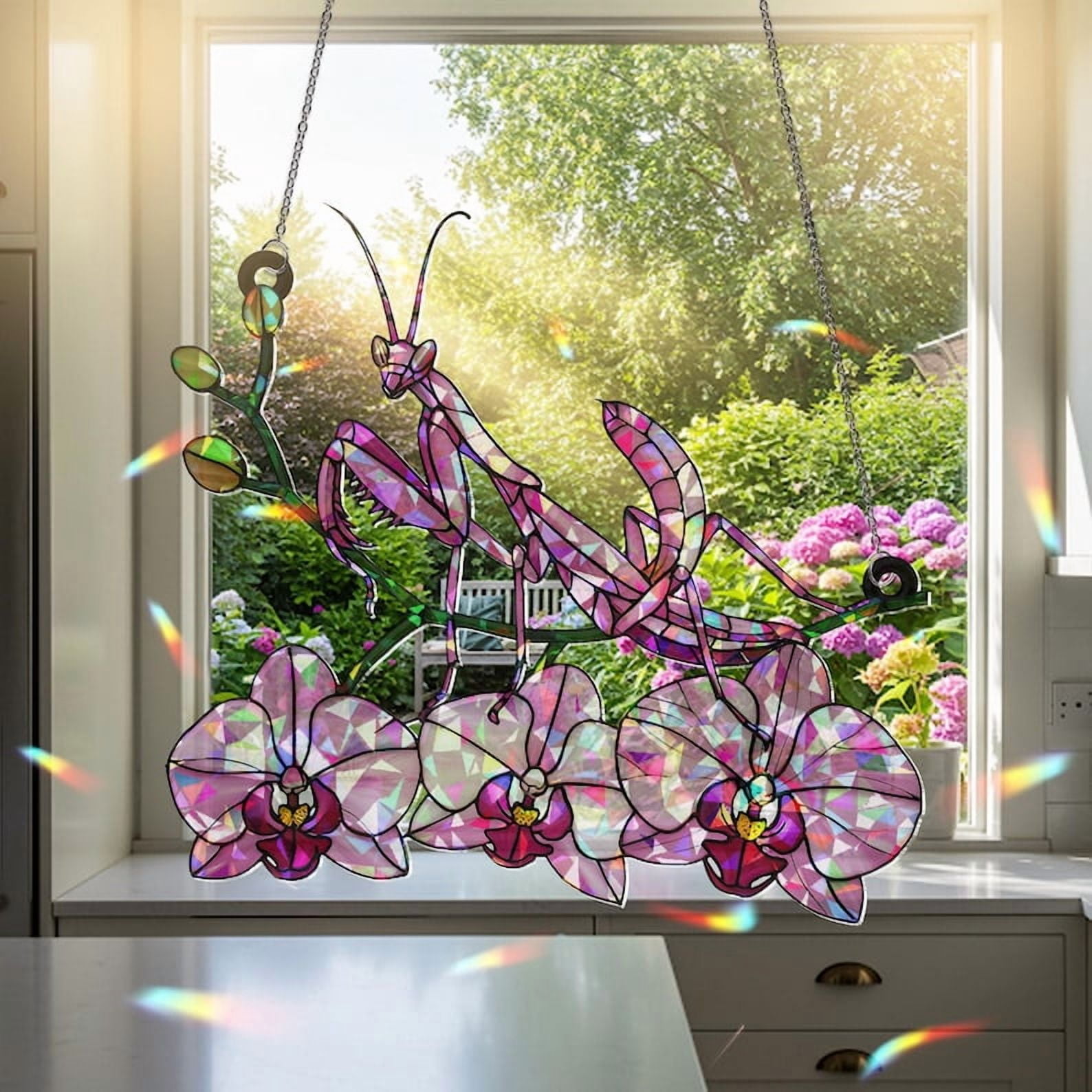 ViciArt Pink Orchid Mantis Suncatcher, 4" Acrylic Holographic Window Hanging, Floral Bug Decor