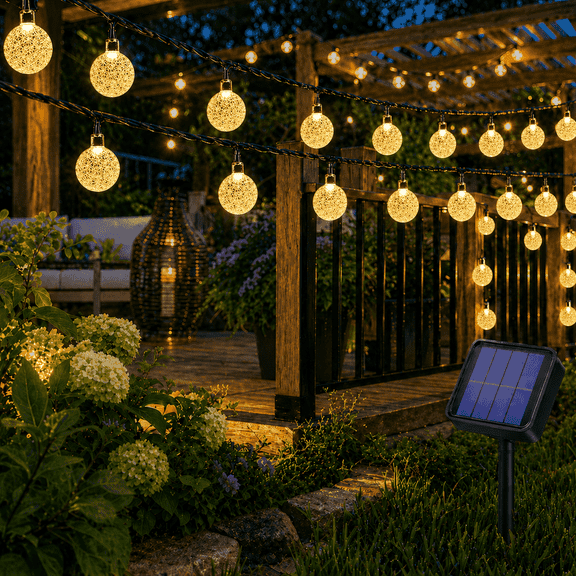 Solar String Lights Outdoor, 24ft 50 LED Crystal Balls Waterproof Lights, Fairy Lights with Remote, 8 Modes, Solar Powered Outdoor Lights for Patio Garden Yard, Party Wedding (Warm White)